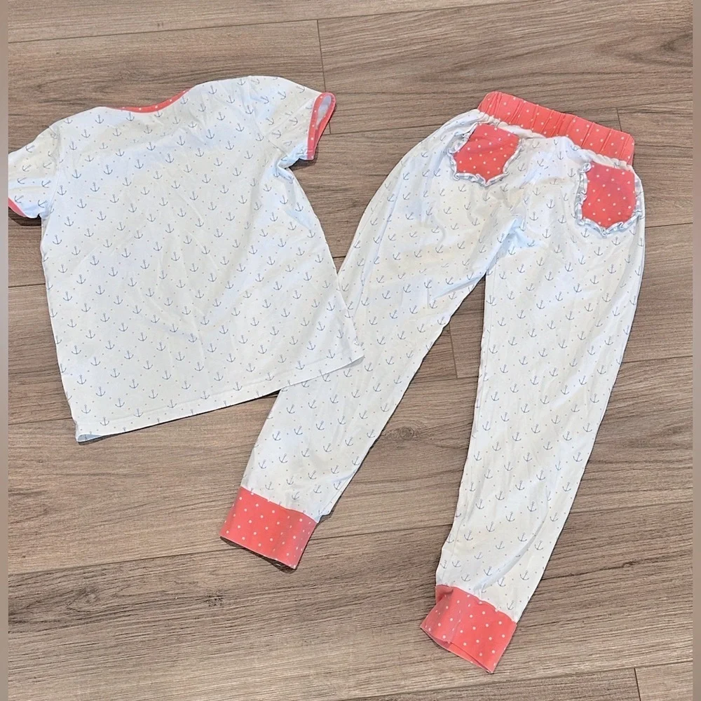 Serendipity Girls 7-8 Anchor Print Kids Pajamas Set - White and Pink